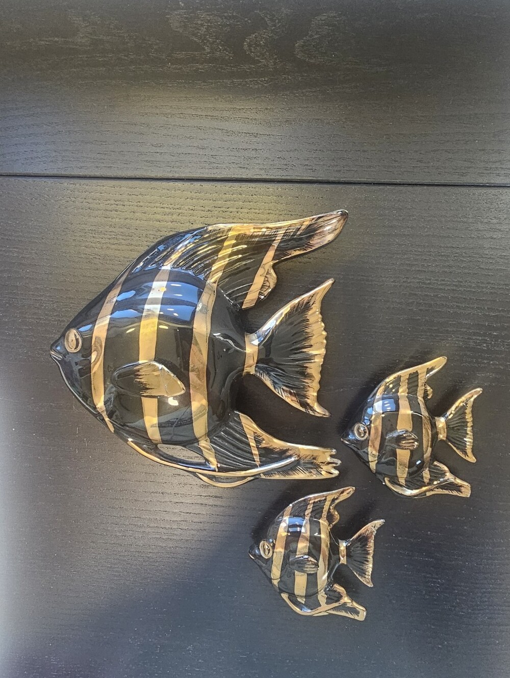 Vintage Lefton Ceramic Fish Wall Plaques Set of 3 Black Gold Striped Glazed